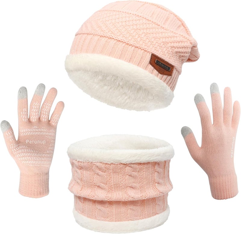 MAYLISACC Winter Knit Beanie Hat Neck Warmer Scarf and Touch Screen Gloves Set 3 Pcs Fleece Lined Skull Cap for Men Women - Image 1